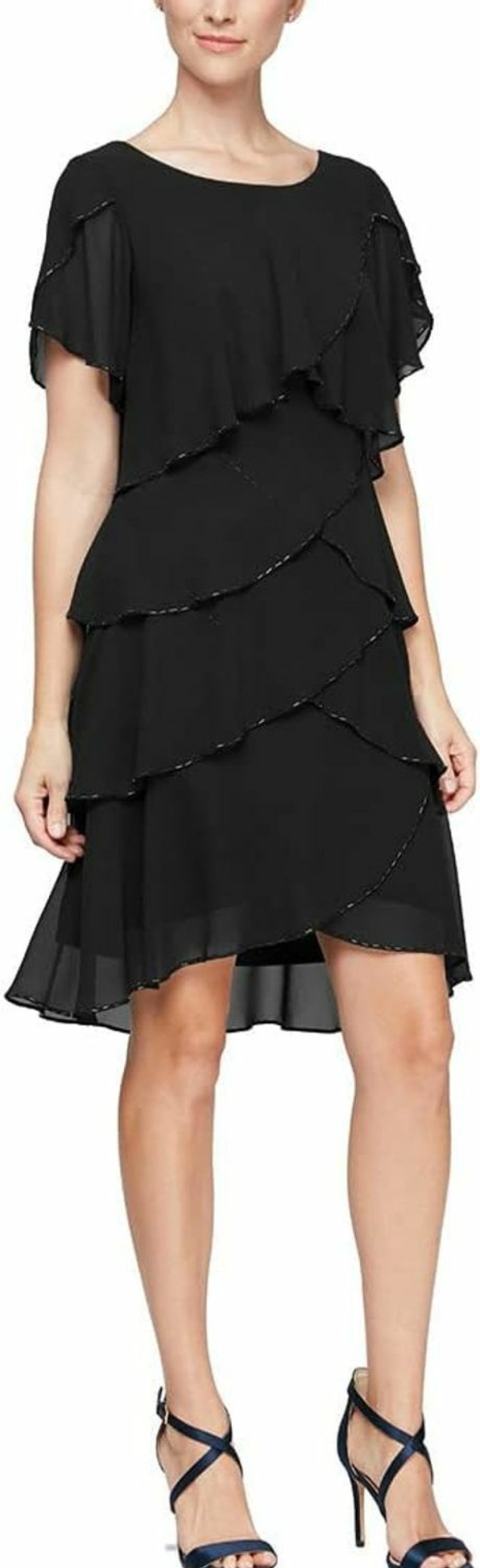 New S.L. Fashions S.L. Fashions Women'S Short Sleeve Solid Tulip Tiered Chiffon Dress (Missy And Petite)