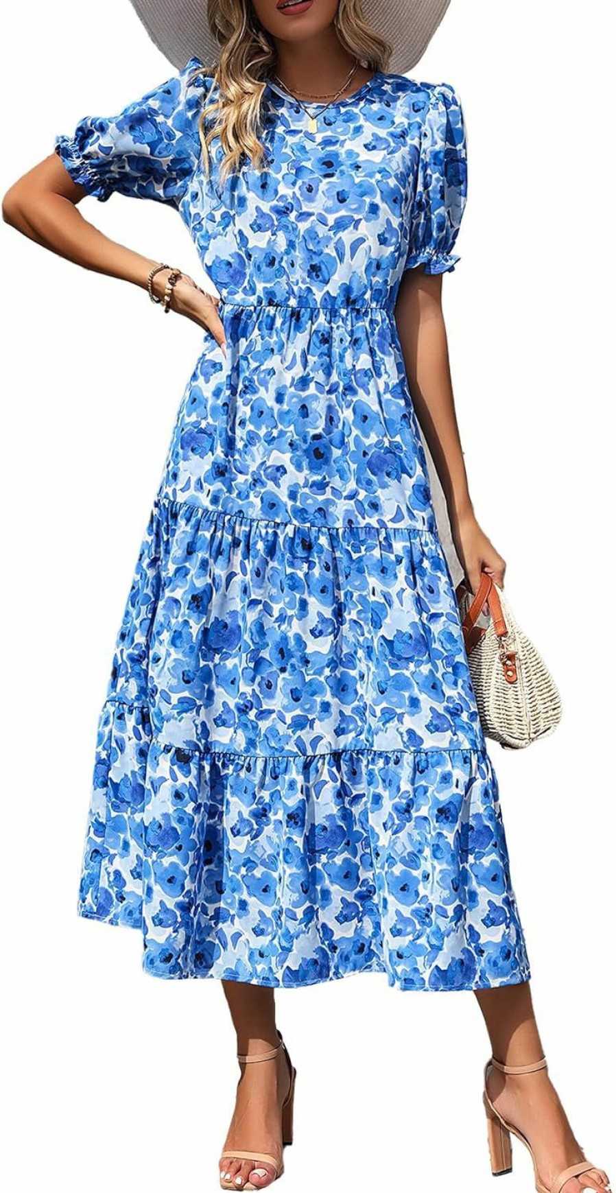 Wholesale PRETTYGARDEN Prettygarden Women'S Summer Casual Boho Dress Floral Print Ruffle Puff Sleeve High Waist Midi Beach Dresses