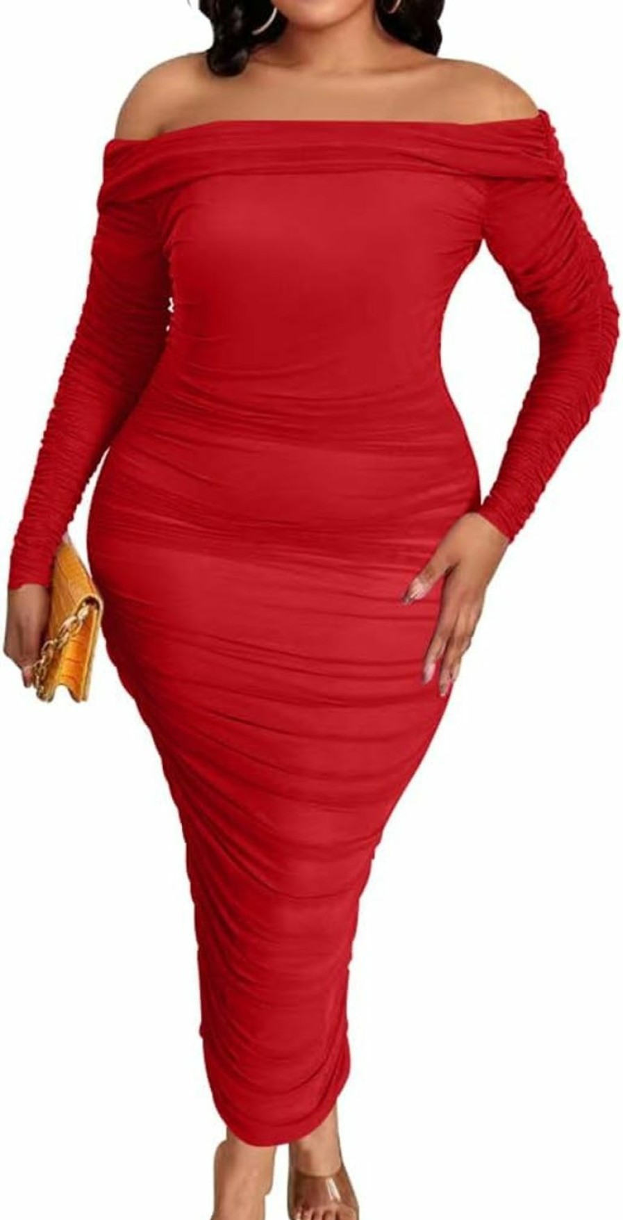 Online DAAWENXI Daawenxi Women'S Plus Size Elegant Long Sleeve Off Shoulder Ruched Bodycon Midi Party Dress