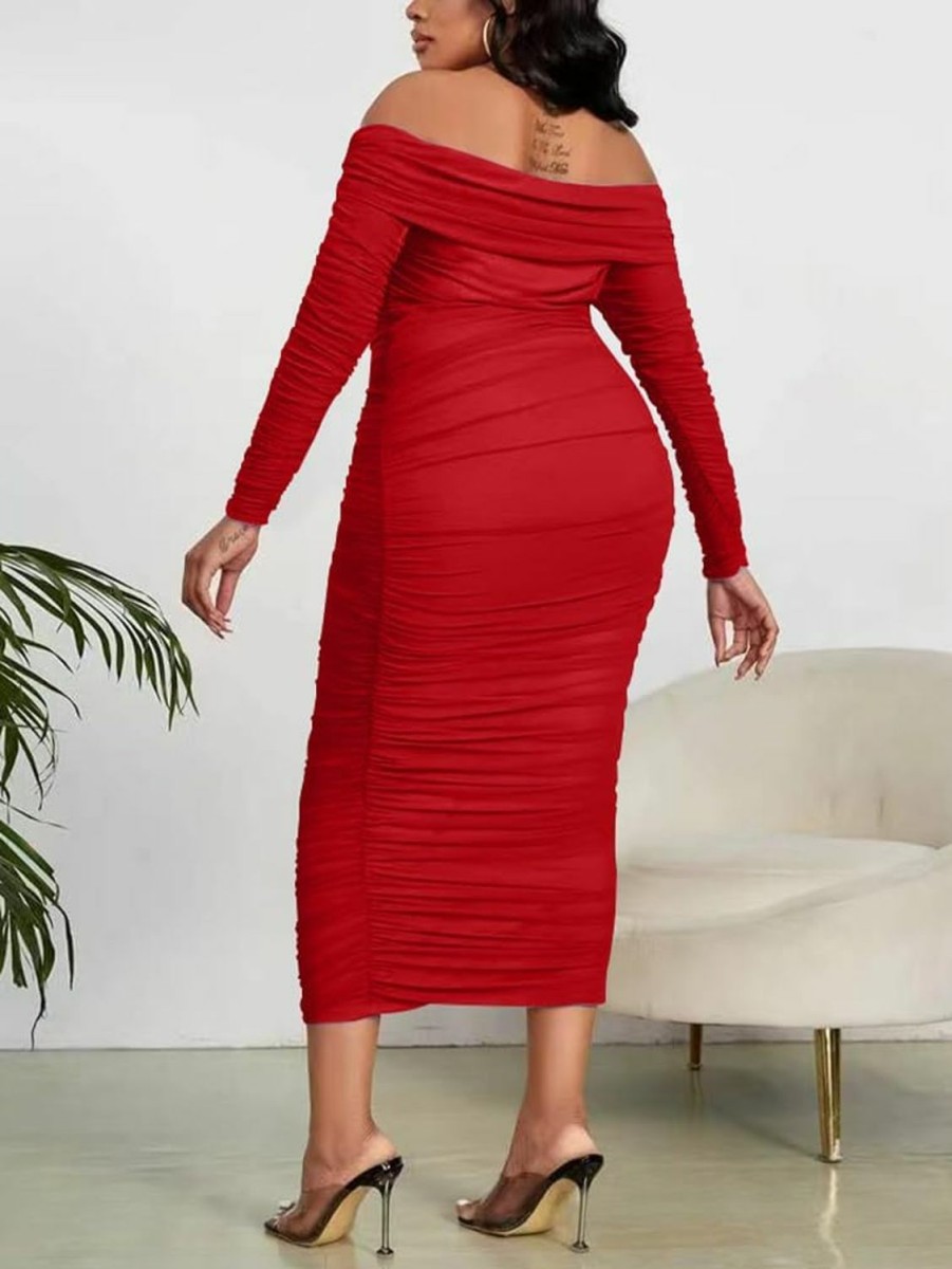 Online DAAWENXI Daawenxi Women'S Plus Size Elegant Long Sleeve Off Shoulder Ruched Bodycon Midi Party Dress