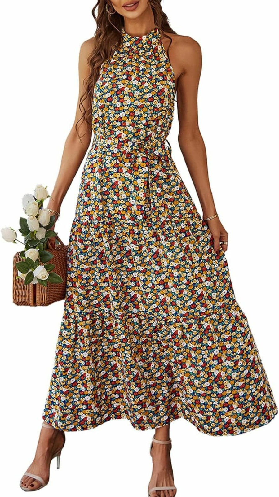 New PRETTYGARDEN Prettygarden Women'S Summer Floral Maxi Sun Dress Sleeveless Halter Neck Flowy Ruffle Hem Long Boho Dresses With Belt