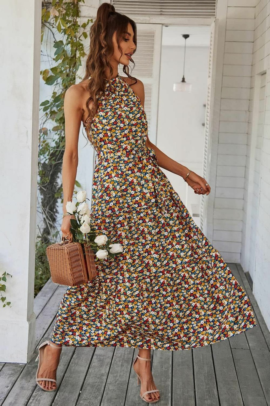 New PRETTYGARDEN Prettygarden Women'S Summer Floral Maxi Sun Dress Sleeveless Halter Neck Flowy Ruffle Hem Long Boho Dresses With Belt