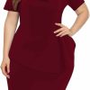 Online WanMem Plus Size Dress For Curvy Women Semi Formal Cocktail Party Midi Dress Bodycon Short Sleeve Bow Ruffle Pencil Dresses