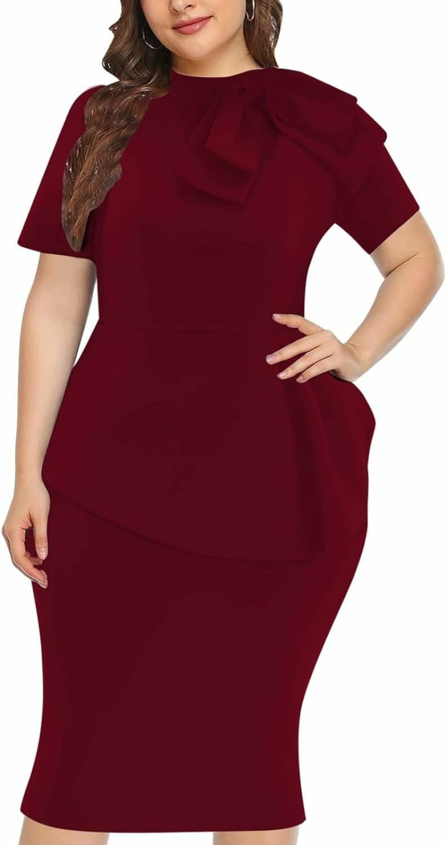 Online WanMem Plus Size Dress For Curvy Women Semi Formal Cocktail Party Midi Dress Bodycon Short Sleeve Bow Ruffle Pencil Dresses