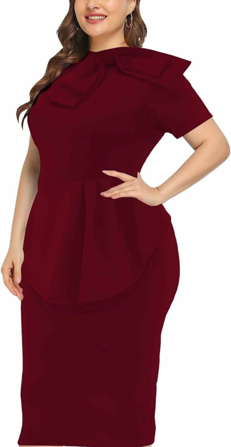 Online WanMem Plus Size Dress For Curvy Women Semi Formal Cocktail Party Midi Dress Bodycon Short Sleeve Bow Ruffle Pencil Dresses