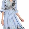 Best Shineflow Shineflow Women'S Short Sleeve Mexican Embroidered Floral Pleated Midi A-Line Cocktail Dress