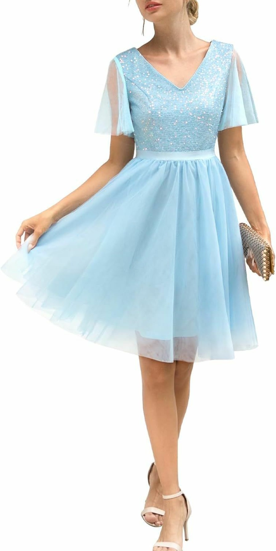 Clearance Meetjen Meetjen Sequin Prom Dress For Teens Short Tulle V Neck Semi Formal Dress A-Line Cocktail Party Dress