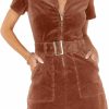 Wholesale Doshoop Women'S Corduroy Mini Dress Short Sleeve Lapel Zip Up Belted Cowgirl Dresses With Pockets