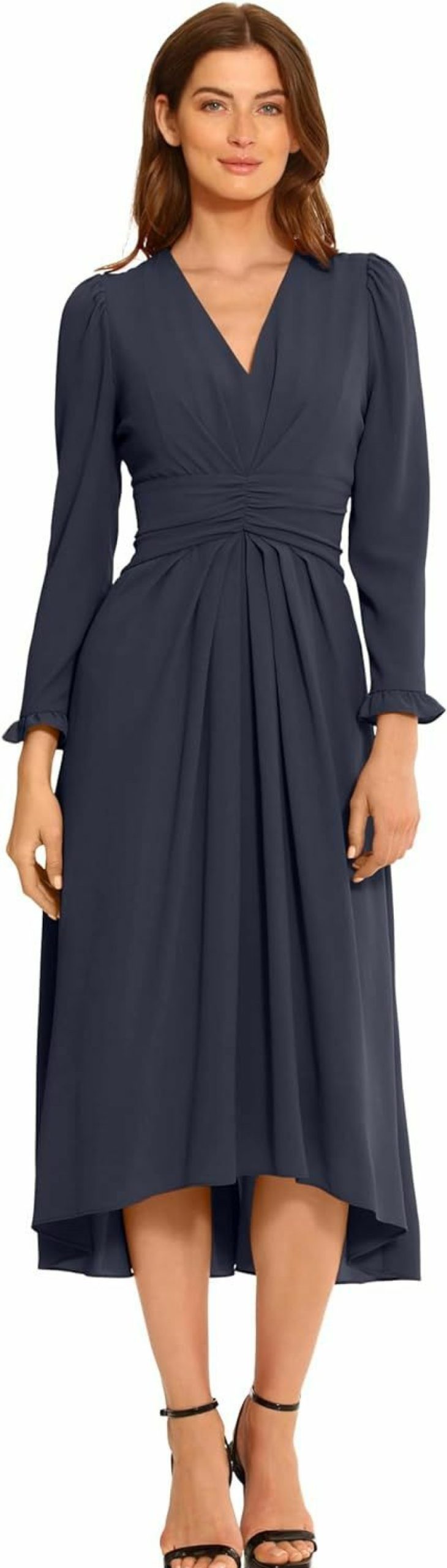 Clearance Maggy London Maggy London Women'S V-Neck Hi-Lo Midi Dress With Gathered Waist And Ruffle Details