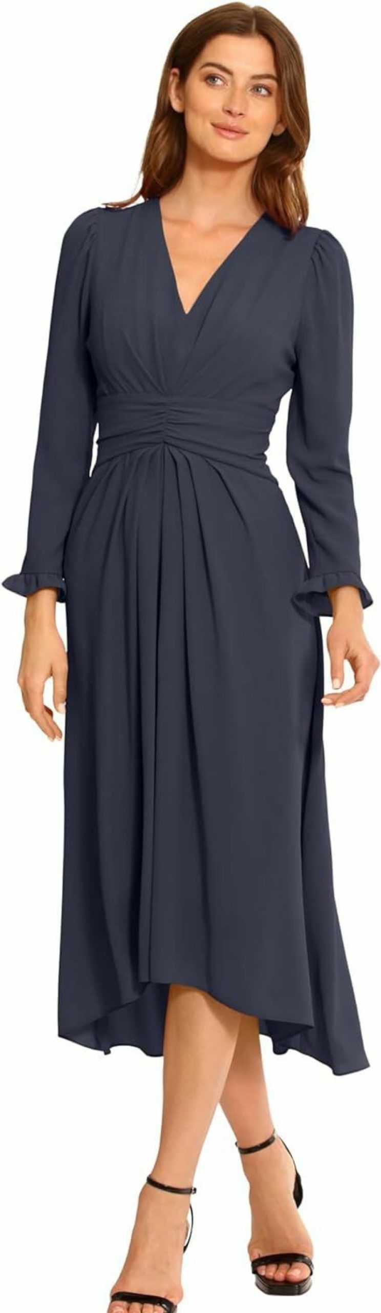 Clearance Maggy London Maggy London Women'S V-Neck Hi-Lo Midi Dress With Gathered Waist And Ruffle Details