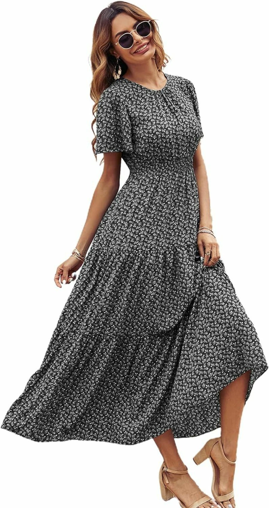 Best Floerns Floerns Women'S Boho Floral Short Sleeve Crew Neck A Line Smocked Maxi Dress