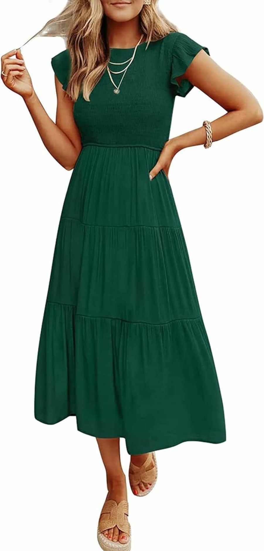 Clearance ZCSIA Zcsia Women'S 2024 Summer Casual Ruffle Short Sleeve Crewneck Smocked Tiered A Line Midi Dress