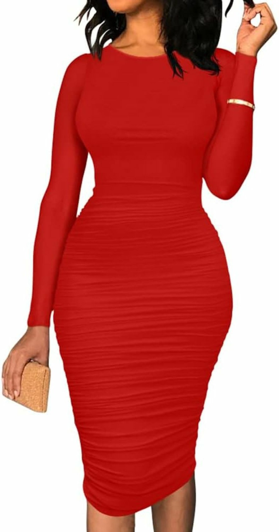 Online BEAGIMEG Beagimeg Women'S Ruched Long Sleeve Elegant Bodycon Basic Casual Midi Dress