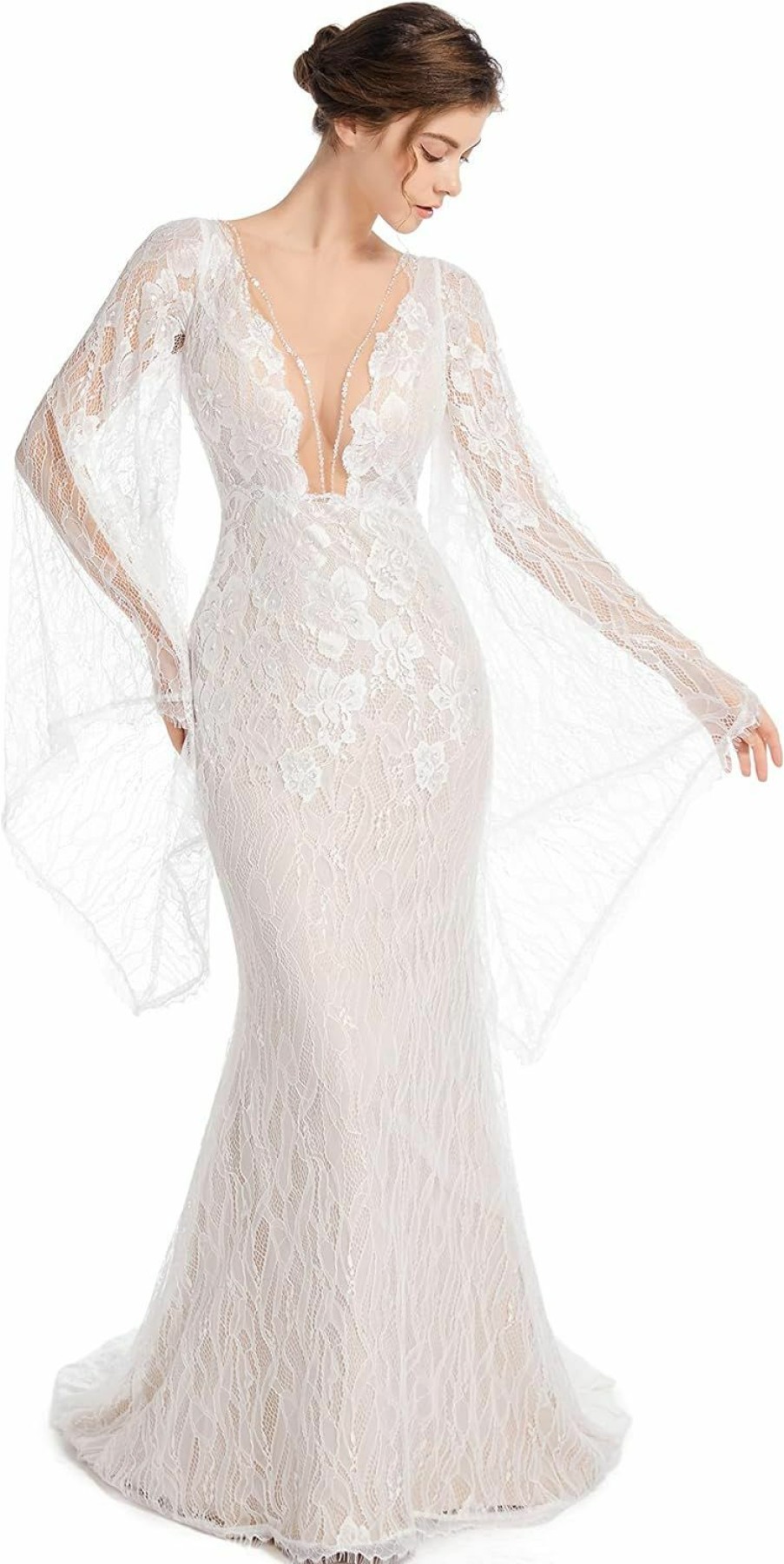 Clearance Sorayan Luxury Lace Flare Sleeves Mermaid Wedding Dress Boho Beach Sexy Deep V Open Back Bridal Gowns