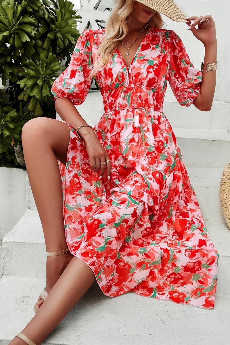 Online UEAL Womens Flowy Smocked Elastic Waist Short Sleeve V Neck Floral Midi Dress Casual Spring Summer Sun Dress For Women 2024