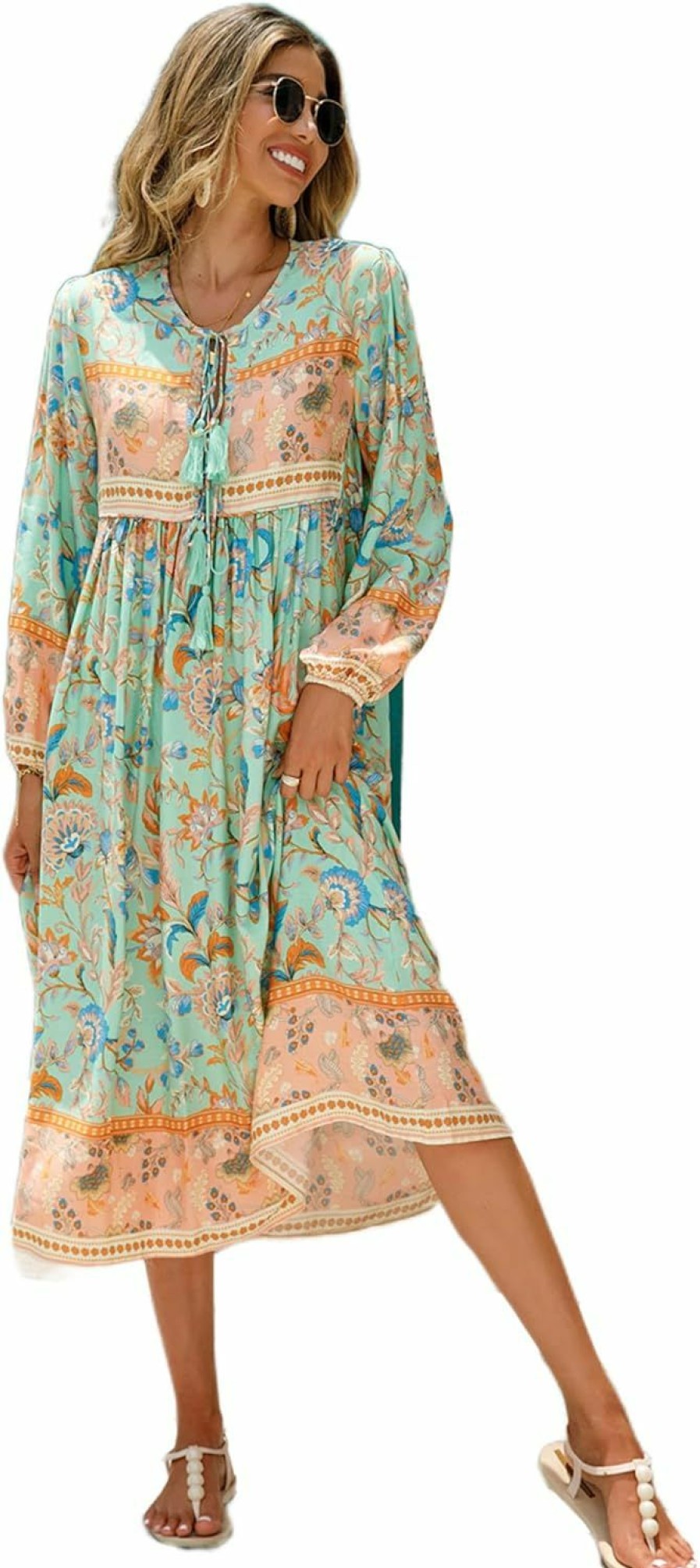 New R.Vivimos R.Vivimos Women'S Long Sleeve Floral Print Retro V Neck Tassel Bohemian Midi Dresses