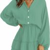 Hot ARTFREE Artfree Women'S Long Lantern Sleeves Mini Dress V Neck Button Down Ruffle Tiered Swing Fall Casual Dress