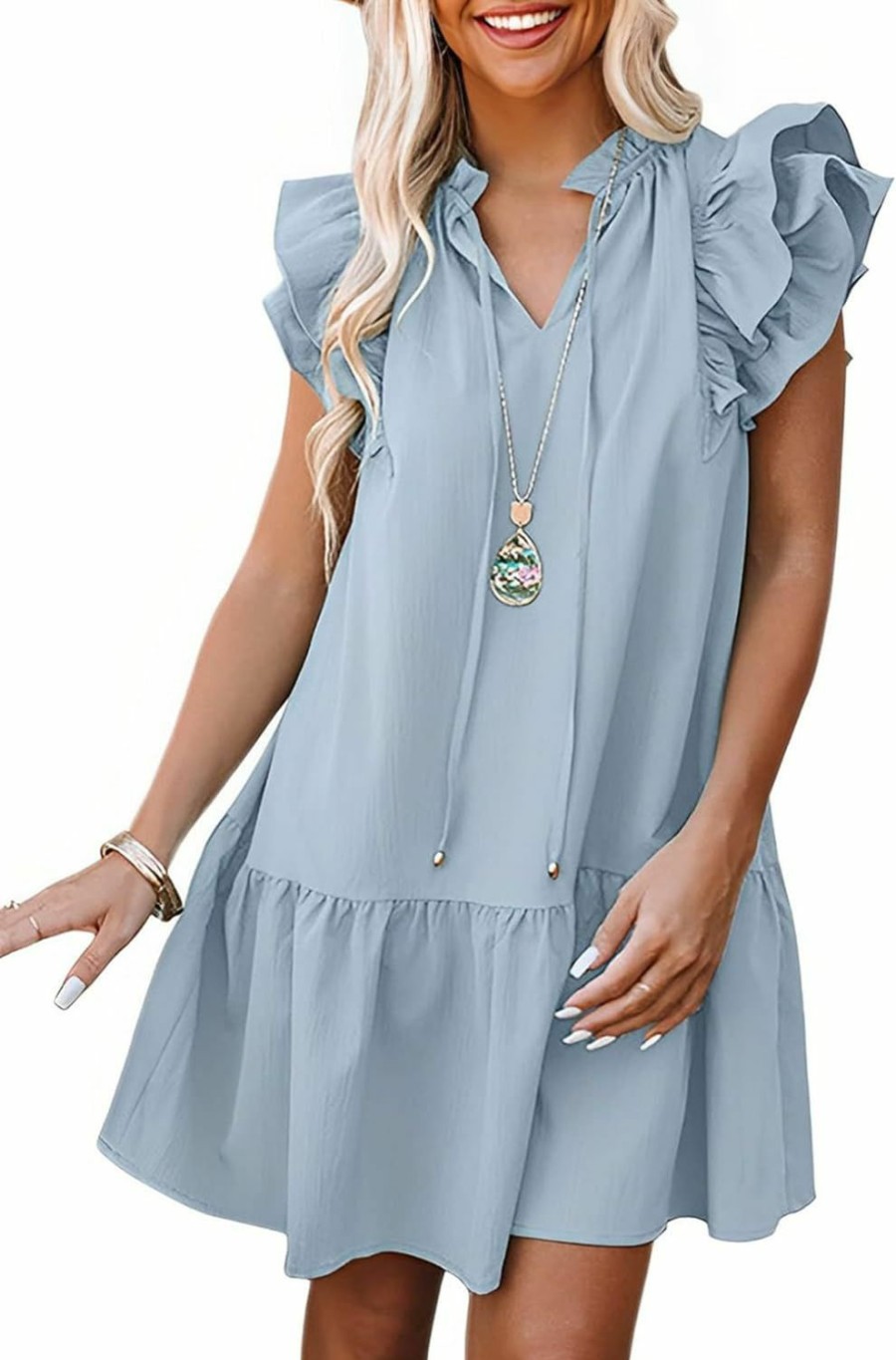 Best Dokotoo Dokotoo Womens 2024 Summer V-Neck Drawstring Ruffle Cap Short Sleeve Side Pockets Mini Dress Sundress