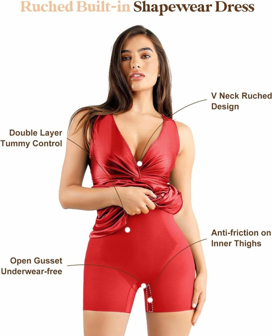 Clearance Popilush Popilush Shaper Dress Ruched Bodycon Dresses - Deep V Neck Maxi Formal Dresses Built In Shapewear Sleeveless Long Dress