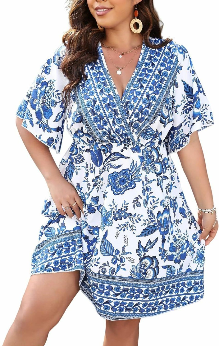 Best Floerns Floerns Women'S Plus Size Wrap V Neck Short Sleeve Ruffle Hem A Line Short Dress