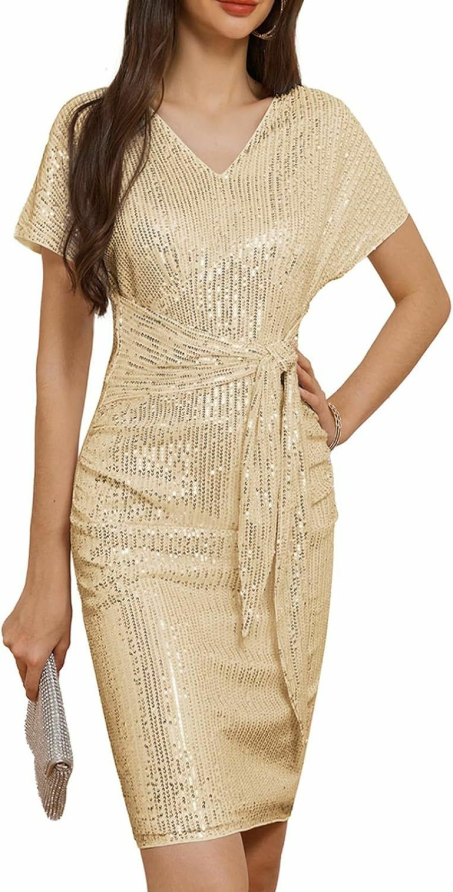 Hot GRACE KARIN Grace Karin 2024 Women'S V Neck Ruched Sequin Dress Short Sleeve Tie Midi Cocktail Party Bodycon Dresses