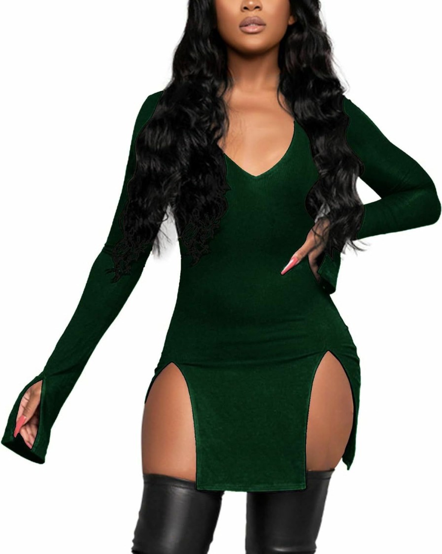 New Rooscier Rooscier Women'S V Neck Long Sleeve Split Side Sexy Bodycon Cocktail Party Mini Dress