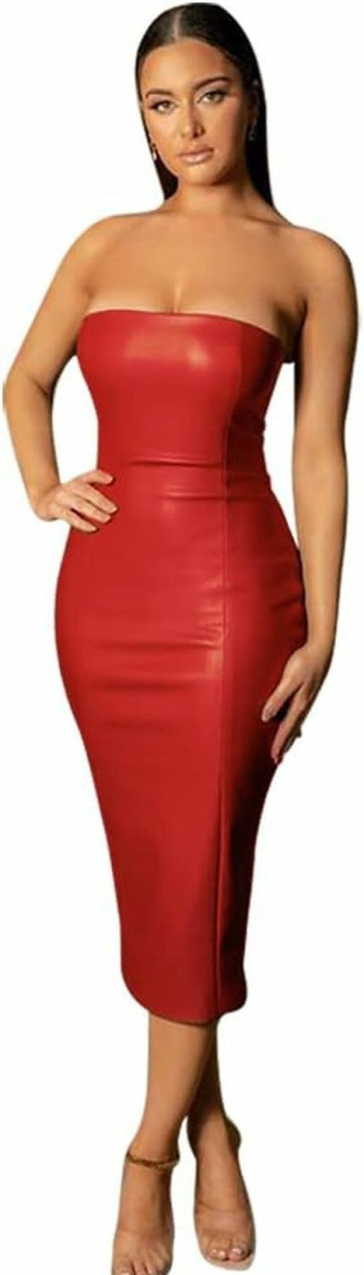 New XLLAIS Women Sexy Strapless Tube Top Club Midi Dress Off Shoulder Bodycon Party Faux Leather Dress