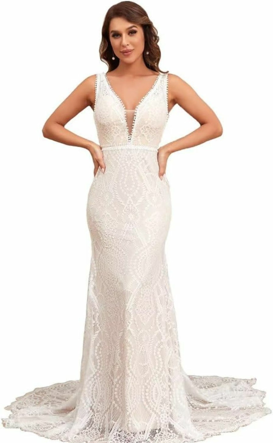 New QIAIYALA Boho Lace Wedding Dresses For Bride Long Mermaid Bohemian V-Neck Backless Beach Bridal Wedding Gown With Train