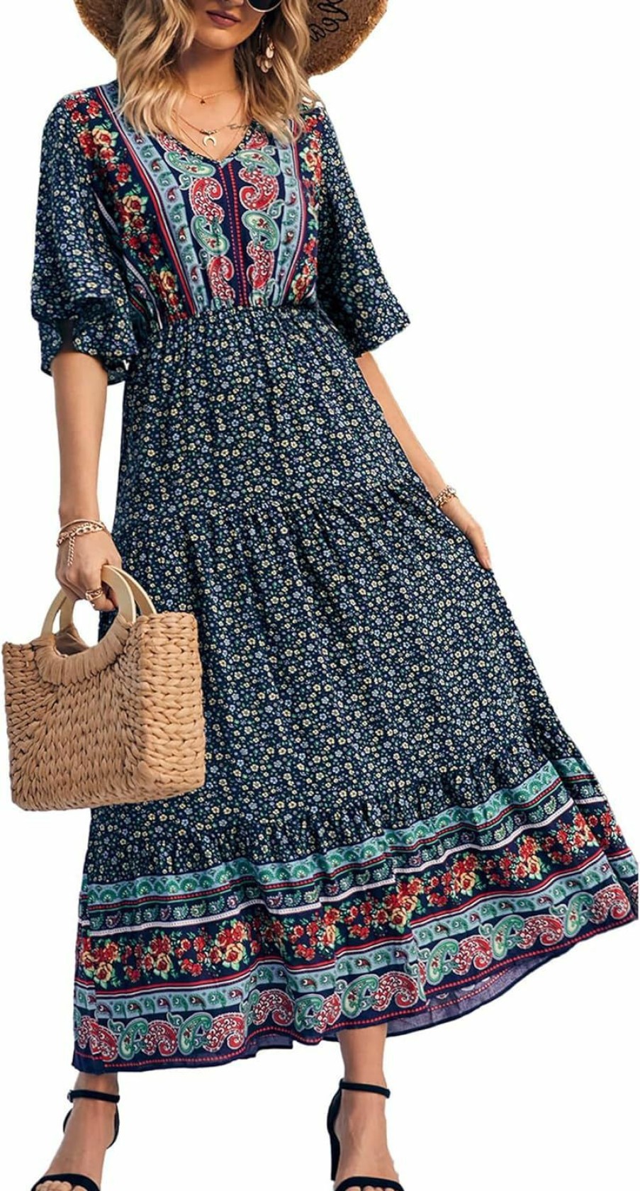 Clearance PRETTYGARDEN Prettygarden Women'S Casual Summer Boho Floral Print Dress V Neck Short Sleeve High Waist Long Maxi Beach Dresses