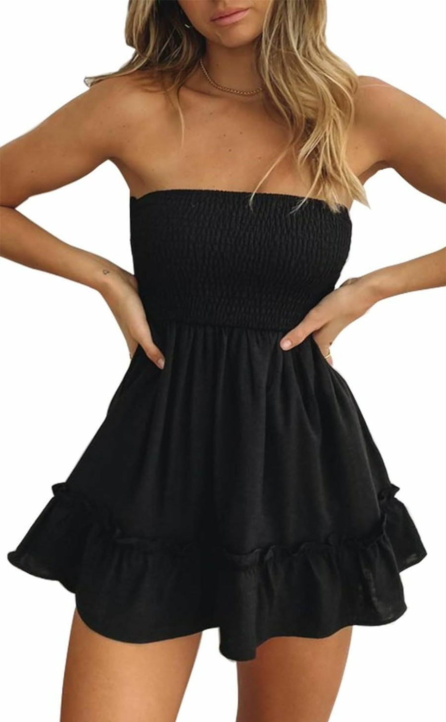 Hot Tsher Tube Top Dress For Women Summer Solid Strapless Mini Dresses, Off The Shoudle Ruffle Beach Dress