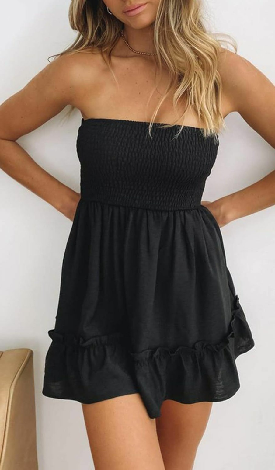 Hot Tsher Tube Top Dress For Women Summer Solid Strapless Mini Dresses, Off The Shoudle Ruffle Beach Dress