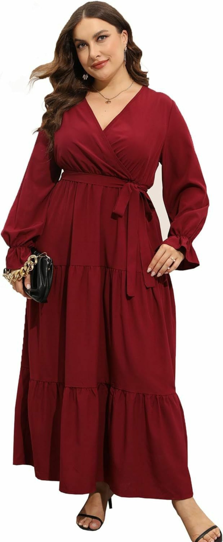 Best KOJOOIN Kojooin Women Plus Size V Neck Wrap Maxi Dress High Waist Long Sleeves Ruffle Hem Casual Dress With Belt