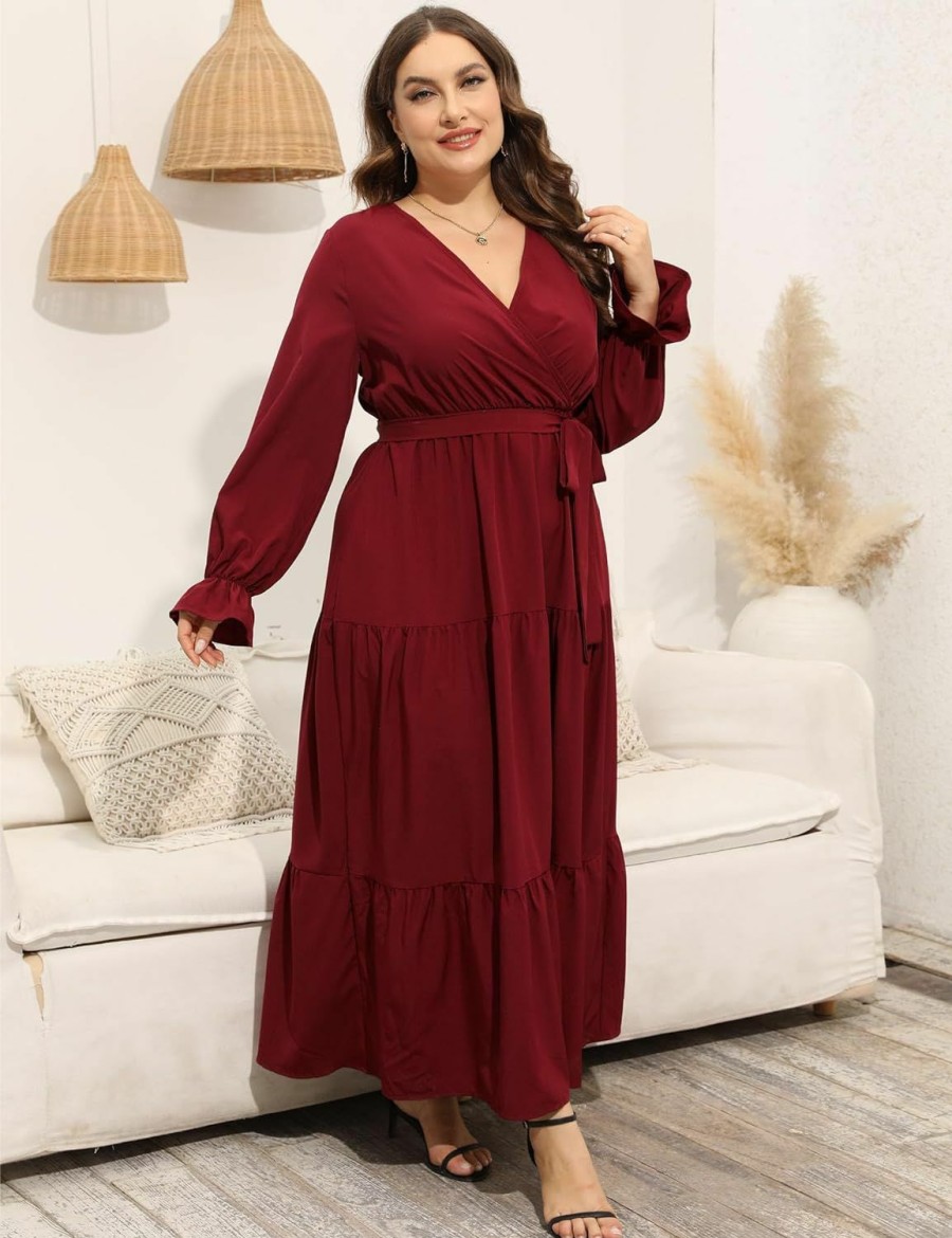 Best KOJOOIN Kojooin Women Plus Size V Neck Wrap Maxi Dress High Waist Long Sleeves Ruffle Hem Casual Dress With Belt