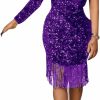 Hot dasmzper Women Sexy Sequin One Shoulder Long Sleeve Tassel Hem Bodycon Midi Dress Party Cocktail Dress