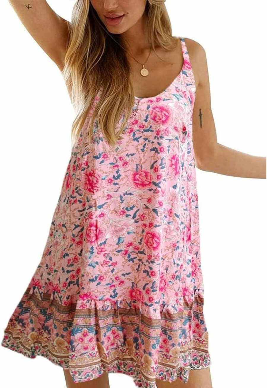 Clearance Qearal Qearal Womens Boho Floral Printed Dress Summer Sleeveless Adjustable Strap Beach Mini Dress With Pockets