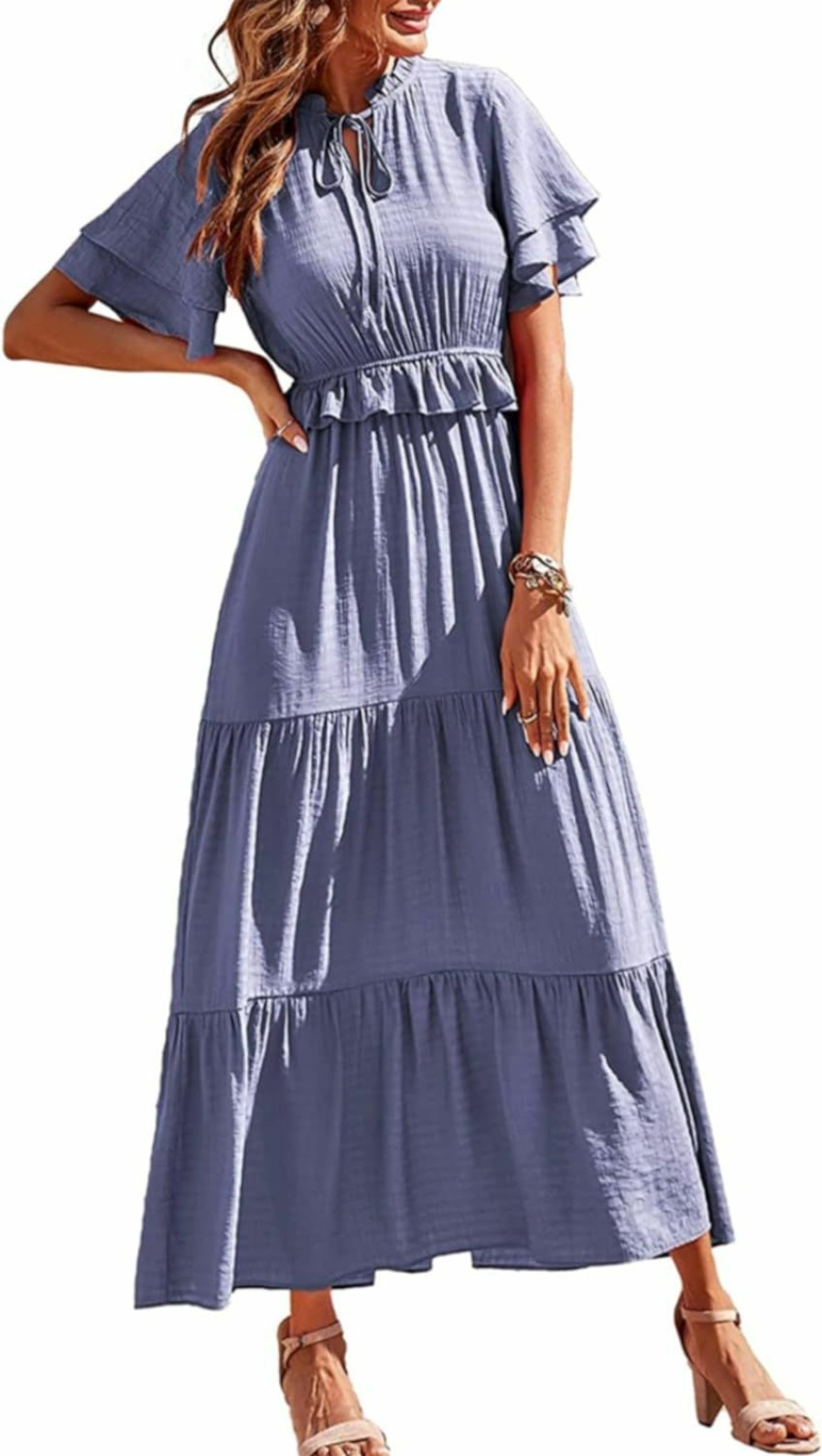 Clearance PRETTYGARDEN Prettygarden Womens Summer Boho Maxi Dress Short Sleeve V Neck Ruffle Trim High Waisted Tiered Party Flowy Long Dresses 2023