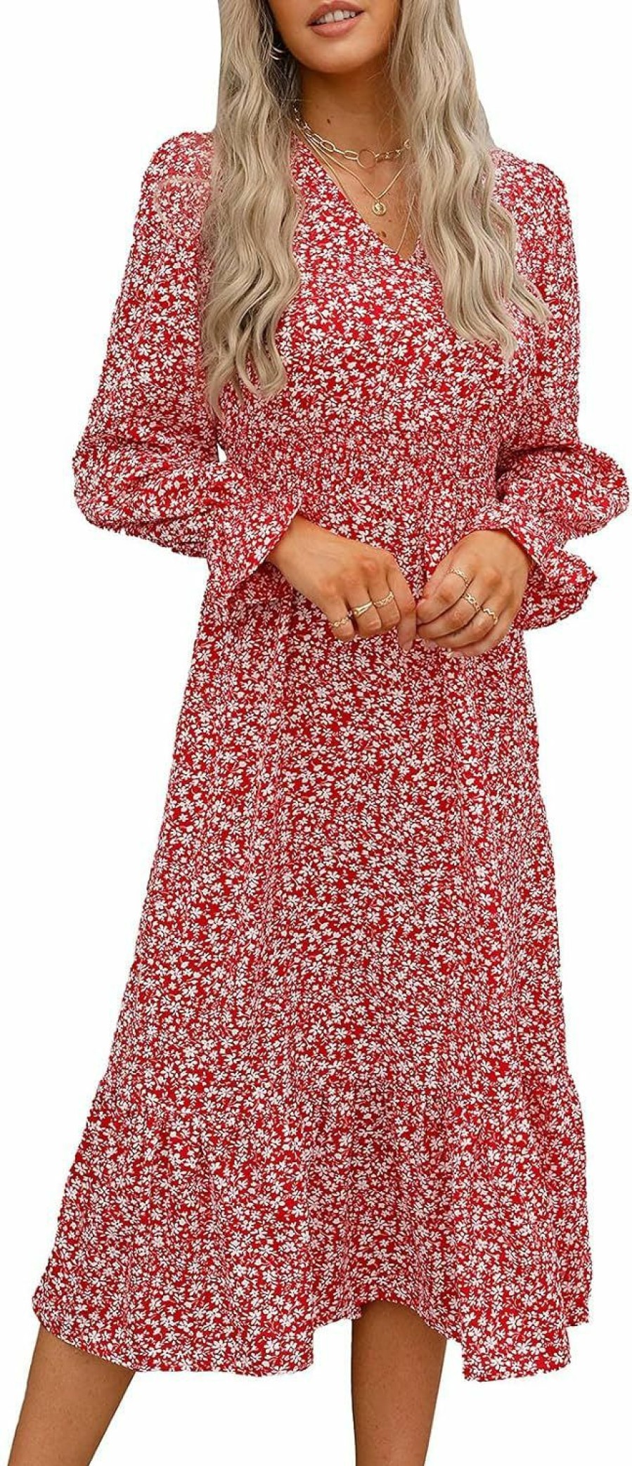 Best PRETTYGARDEN Prettygarden Women'S Casual Long Sleeve Midi Fall Dress Boho Pleated V Neck Ruffled Vintage Floral Print Flowy Long Dresses