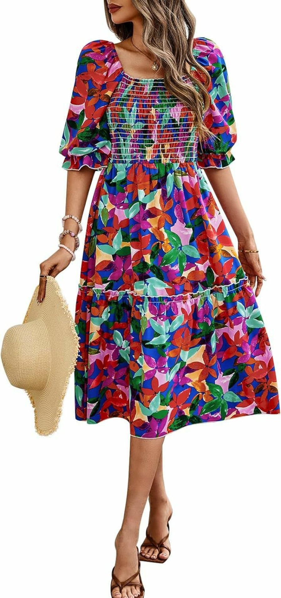 Hot PRETTYGARDEN Prettygarden Women'S Summer Casual Midi Dress Spring Puff Sleeve Square Neck A-Line Flowy Boho Floral Smocked Dresses