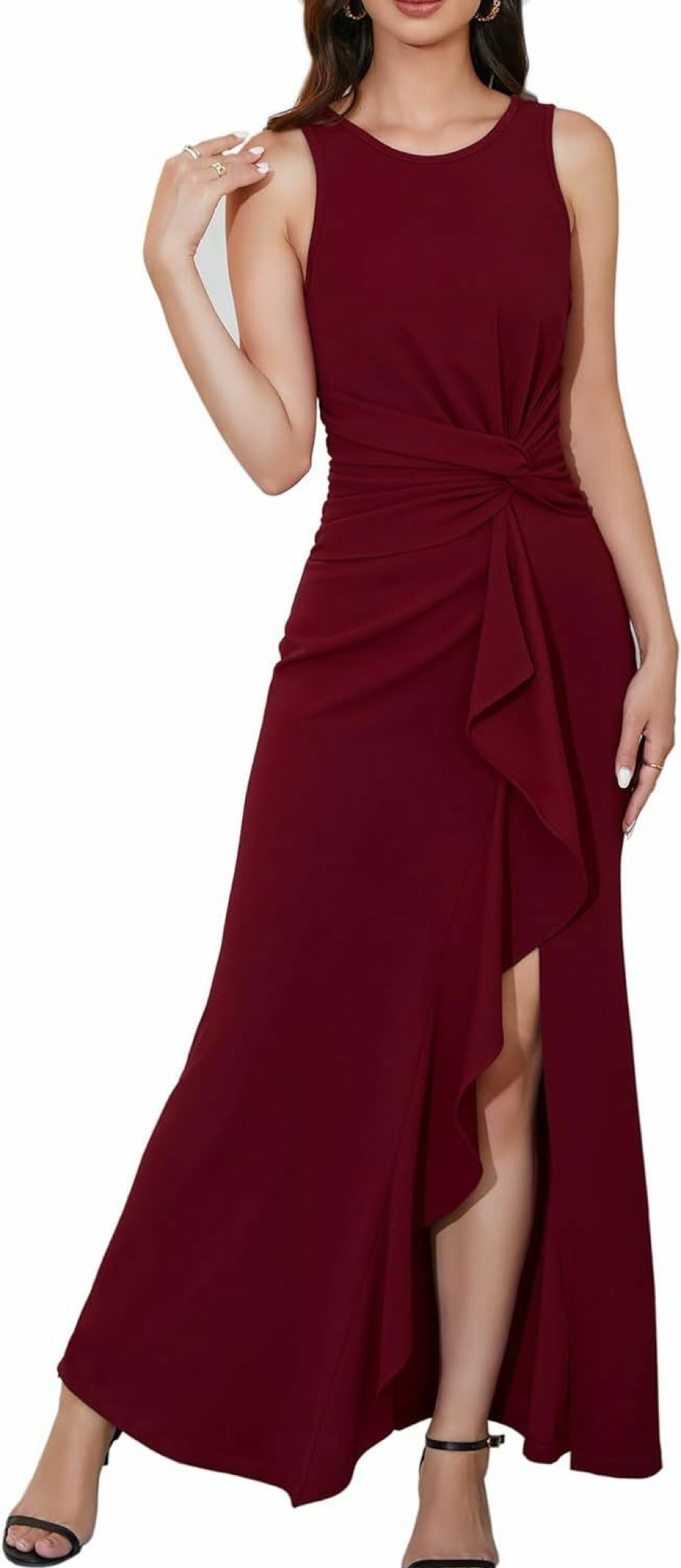 Hot FQA Semi Formal Dresses For Women Evening Party Prom Dress Long Elegant Crew Neck Sleeveless Ankle Length