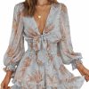 Wholesale AlvaQ Alvaq Womens Spring Summer Knot Front V Neck Ruffles Long Sleeve Floral Print Swing Mini Dress