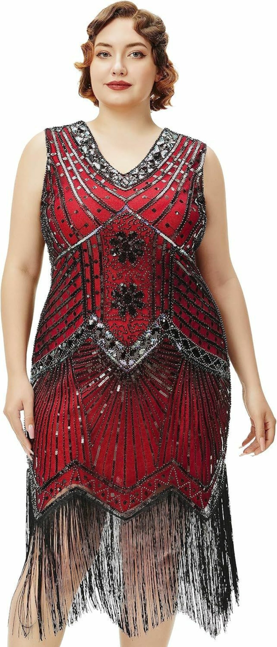 Clearance BABEYOND Babeyond Women'S Plus Size Flapper Dresses 1920S V Neck Beaded Fringed Great Gatsby Dress