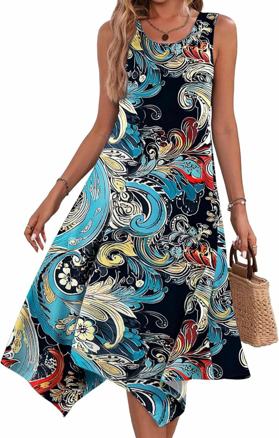 Online HOTOUCH Hotouch Women'S Casual Summer Dress Sleeveless Sundress Hankerchief Hem Midi Tank Dresses Beach Dress With Pockets