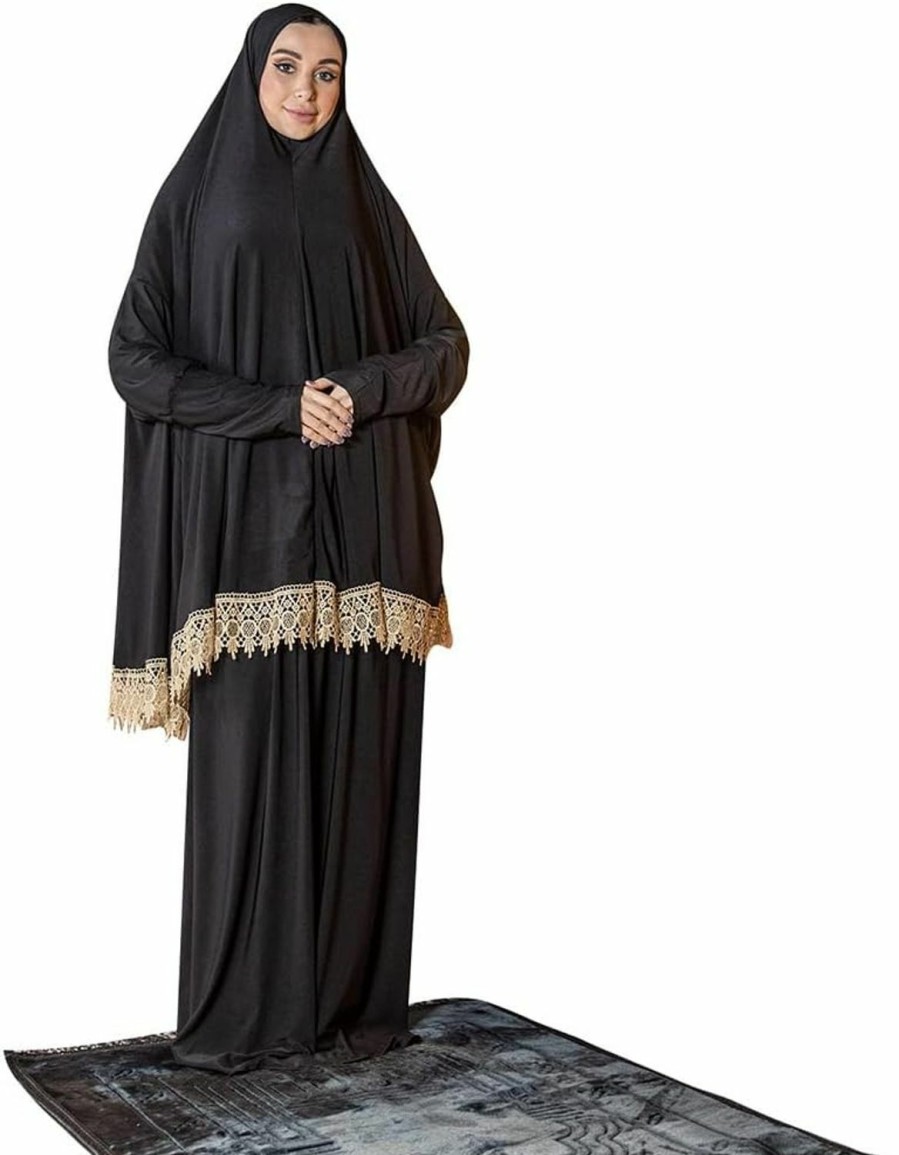 Wholesale Generic Women'S Prayer Dress 2 Pieces Lycra Solid Color Plus Long Sleeve | One-Size | Hijab Abaya Suit (Black)