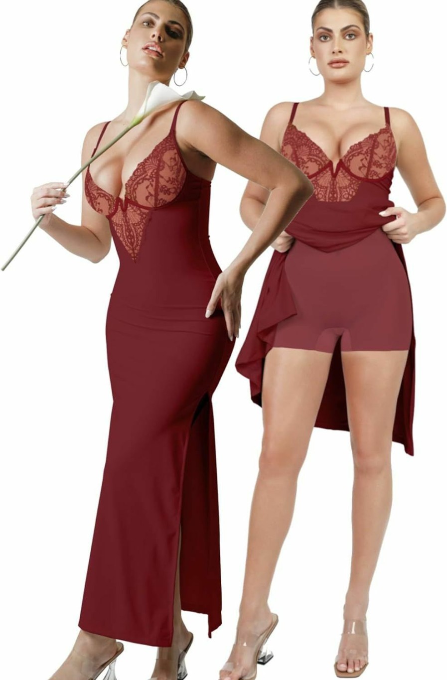 Online Popilush Popilush Lace Shaper Dress Built In Shapewear Deep-V Neck Satin Drape Slip Split Maxi Dress Bodycon Evening Long Dress