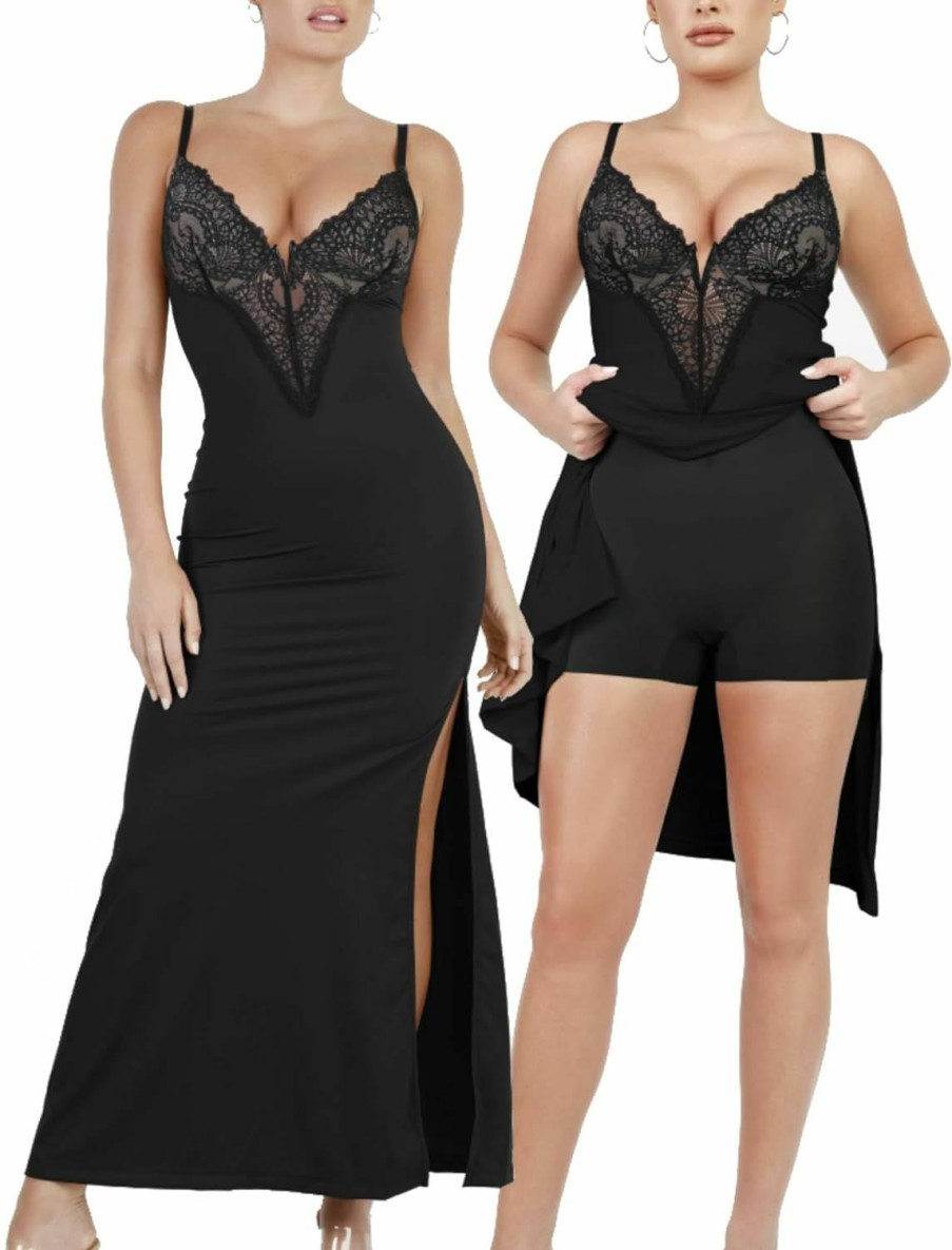 Online Popilush Popilush Lace Shaper Dress Built In Shapewear Deep-V Neck Satin Drape Slip Split Maxi Dress Bodycon Evening Long Dress