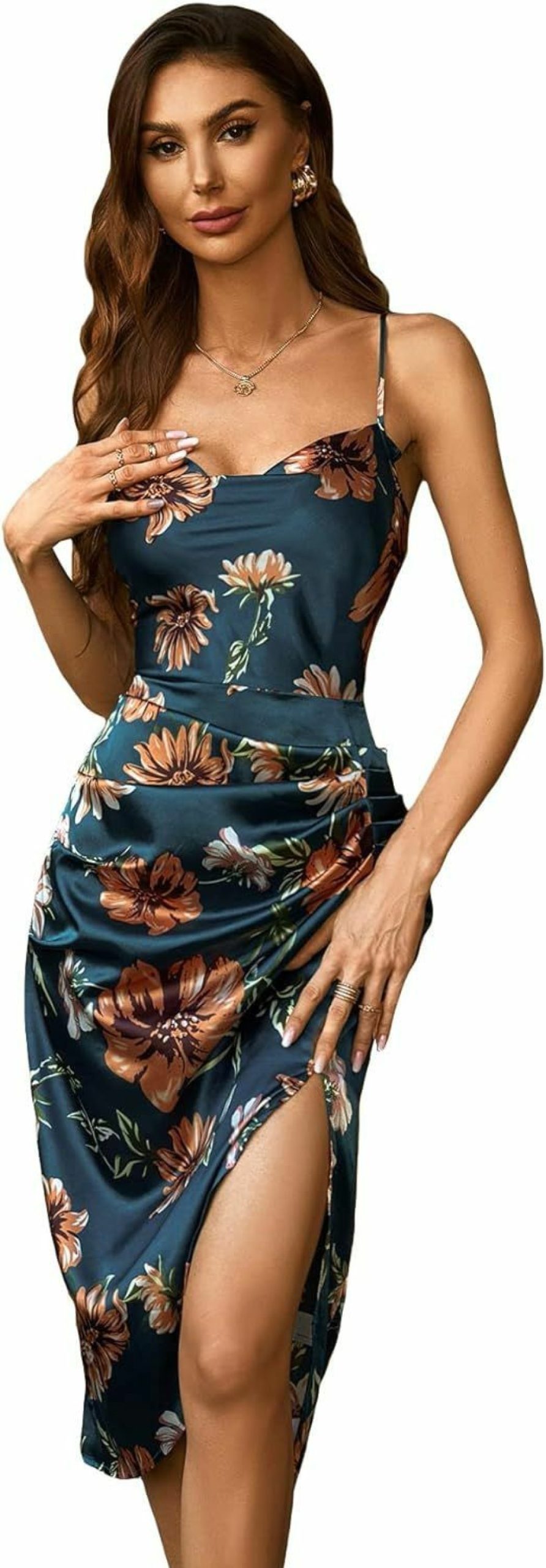 Best SOLY HUX Soly Hux Women'S Floral Print Ruched Split Hem Satin Cami Dress Midi Dresses