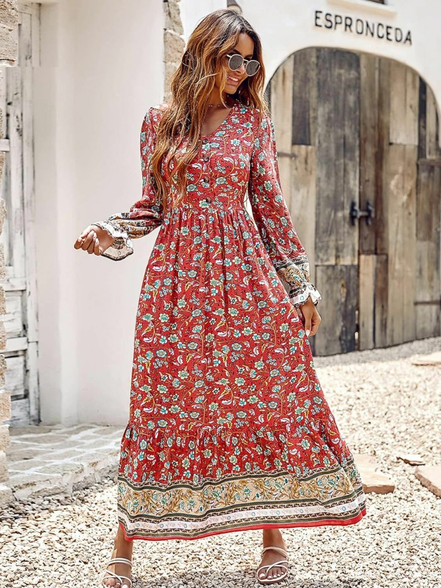 Clearance PRETTYGARDEN Prettygarden Long Sleeve Maxi Dress For Women V Neck Casual Button Down Boho Long Floral Dresses