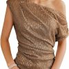 Clearance GRACE KARIN Grace Karin One Shoulder Sequin Sparkly Tops For Women Ruched Asymmetrical Glitter Tops Slimming Sparkle Party Shirts