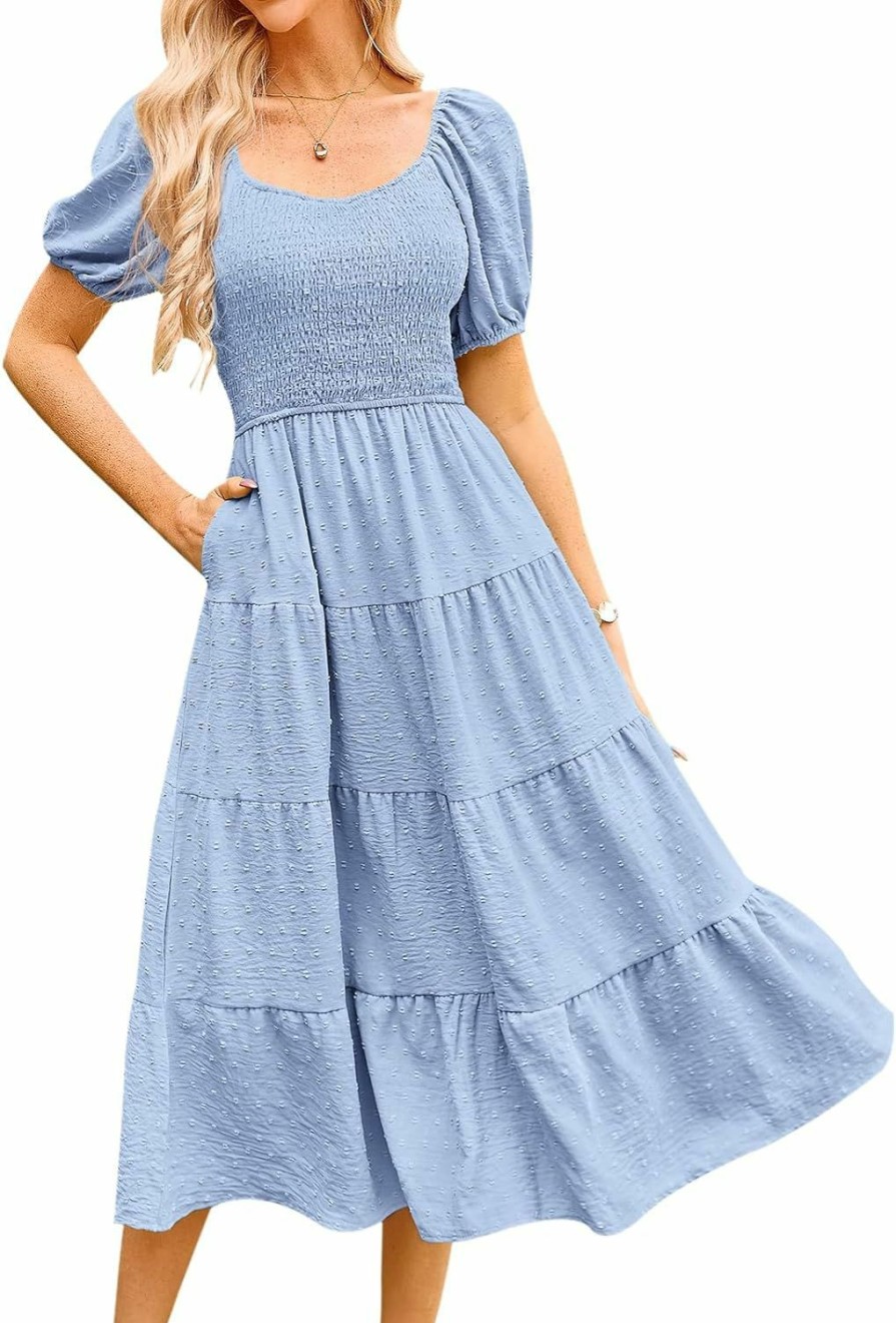 Best PRETTYGARDEN Prettygarden Women'S Spring Dresses 2024 Puff Sleeve V Neck Swiss Dot High Waist Chiffon Dress Tiered Smocked Maxi Dresses