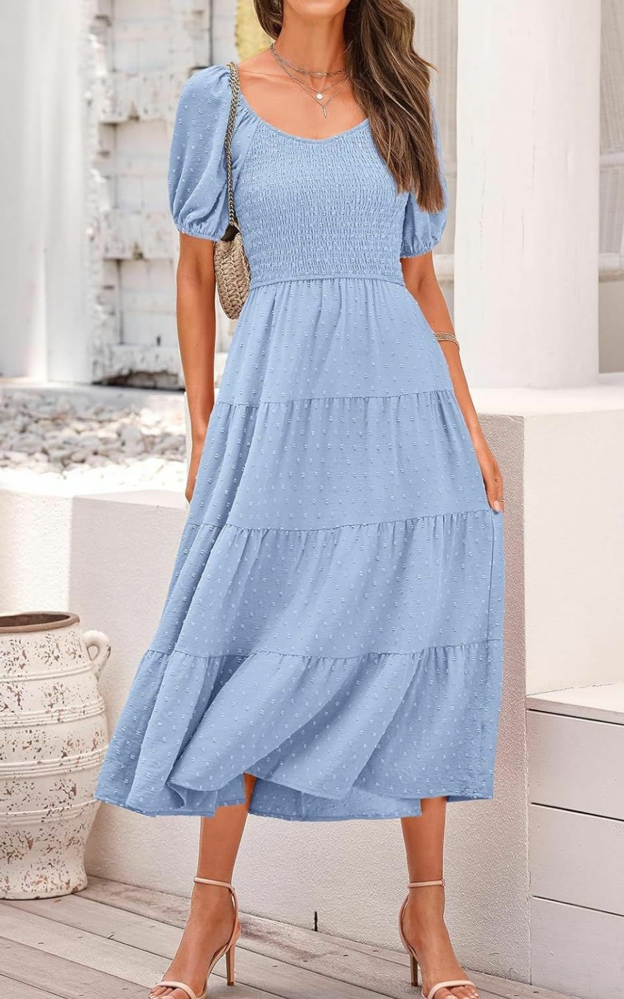 Best PRETTYGARDEN Prettygarden Women'S Spring Dresses 2024 Puff Sleeve V Neck Swiss Dot High Waist Chiffon Dress Tiered Smocked Maxi Dresses